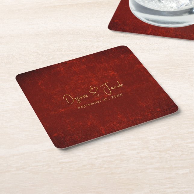 Elegant Red Texture Gold Country Rustic Christmas Square Paper Coaster (Angled)