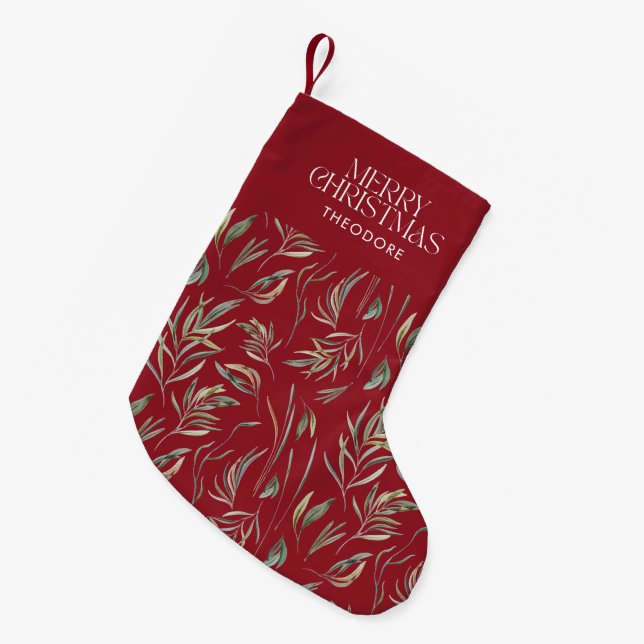 Elegant red traditional modern minimal botanical small christmas stocking (Front (Hanging))