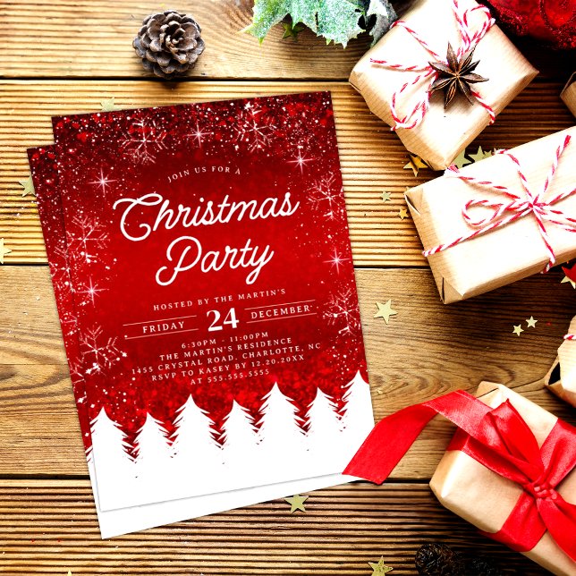 Elegant Red | Trees & Snowflakes Christmas Party Invitation (Creator Uploaded)