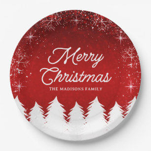 Elegant Red   Trees & Snowflakes Christmas Party Paper Plate