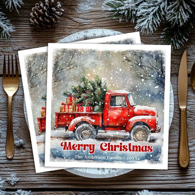 Elegant red truck Christmas scene party napkins (Elegant red truck Christmas scene party napkins)