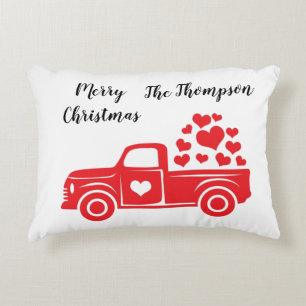 Elegant red truck family name script text on white decorative cushion