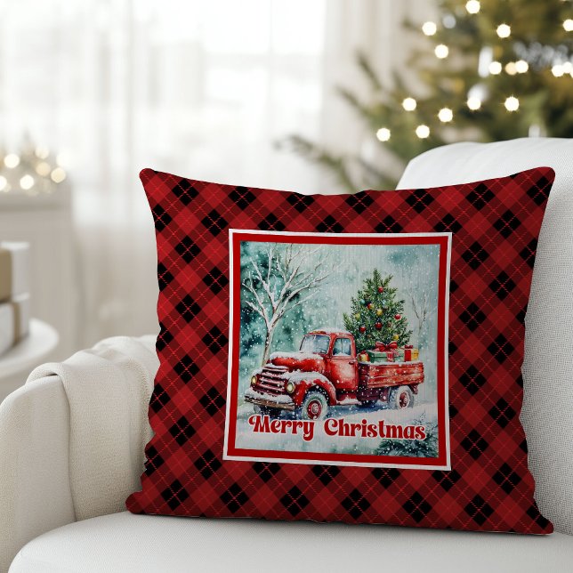 Elegant red truck winter scene rustic festive  cushion (Classic Christmas  THROW PILLOW,
modern Traditional red truck car,
watercolor cozy Christmas scene,
)