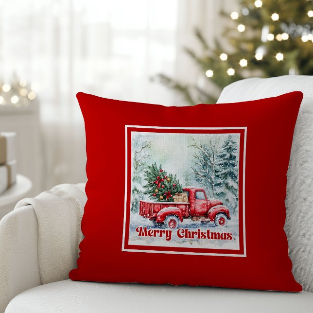 Elegant red truck winter scene rustic festive   cushion (Elegant red truck winter scene rustic festive pillow joy

)