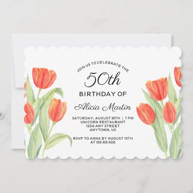 Elegant Red Tulip Flora 50th Birthday Invitation (Front)