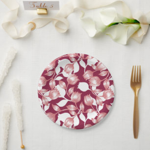Elegant Red Tulip Silhouette Floral Pattern II Paper Plate