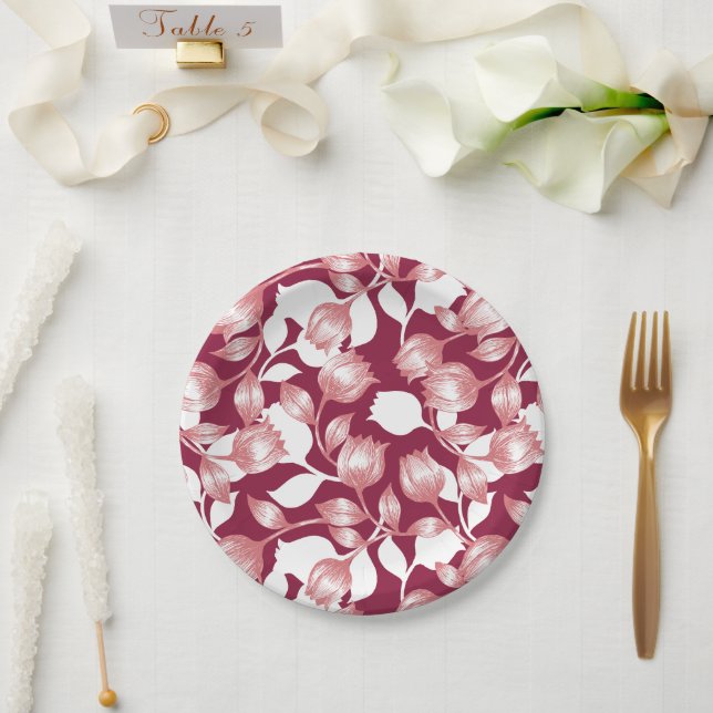 Elegant Red Tulip Silhouette Floral Pattern II Paper Plate (Wedding)