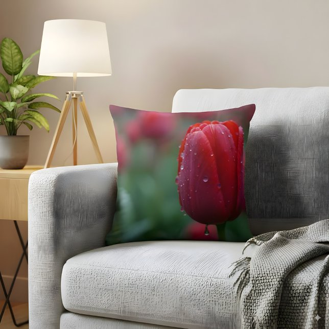 Elegant Red Tulip with Dew Drops Cushion (Creator Uploaded)