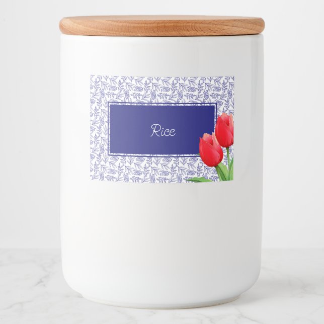 Elegant Red Tulips Spring Floral Blue  Food Label (Front)