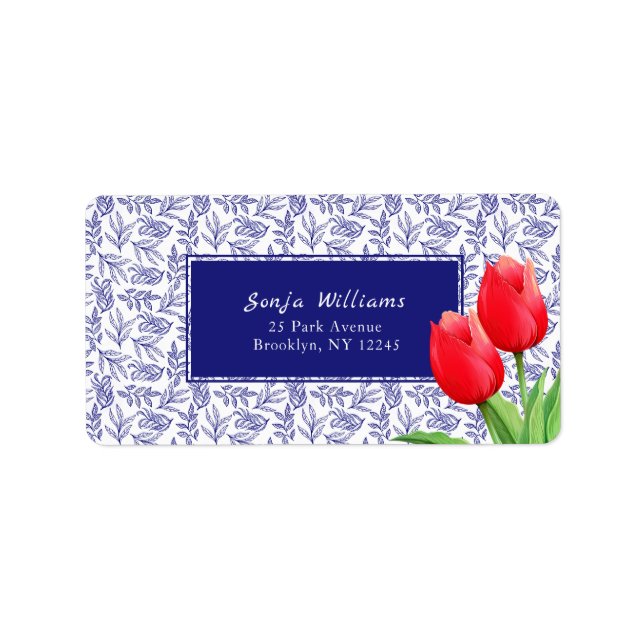 Elegant Red Tulips Spring Floral Blue Label (Front)