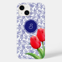 Elegant Red Tulips Spring Floral Blue Monogram