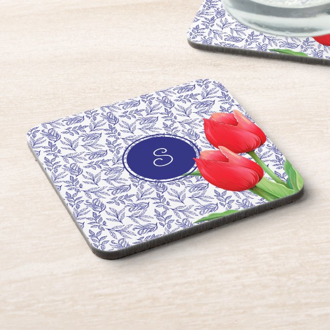 Elegant Red Tulips Spring Floral Blue Monogram Coaster (Left Side)