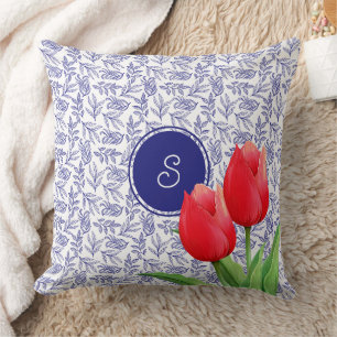 Elegant Red Tulips Spring Floral Blue Monogram Cushion