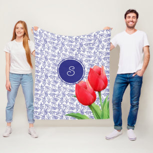 Elegant Red Tulips Spring Floral Blue Monogram Fleece Blanket