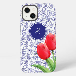 Elegant Red Tulips Spring Floral Blue Monogram iPhone 13 Case