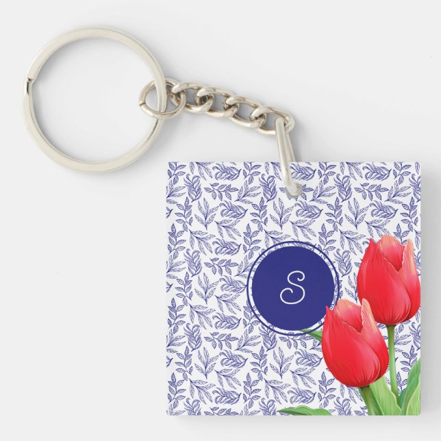 Elegant Red Tulips Spring Floral Blue Monogram Key Ring (Front)