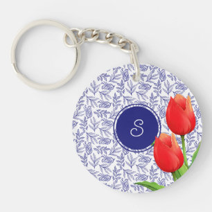 Elegant Red Tulips Spring Floral Blue Monogram Key Ring