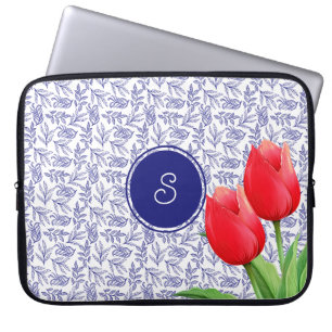 Elegant Red Tulips Spring Floral Blue Monogram Laptop Sleeve