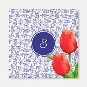 Elegant Red Tulips Spring Floral Blue Monogram Mag Magnet