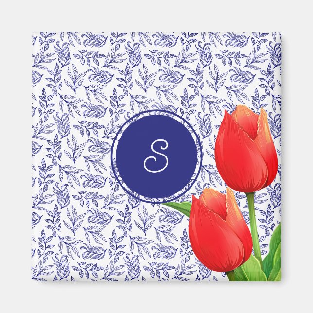 Elegant Red Tulips Spring Floral Blue Monogram Mag Magnet (Front)