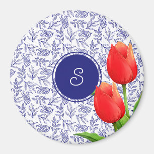 Elegant Red Tulips Spring Floral Blue Monogram Magnet
