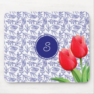 Elegant Red Tulips Spring Floral Blue Monogram Mouse Mat
