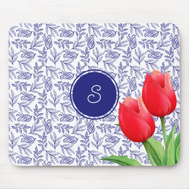 Elegant Red Tulips Spring Floral Blue Monogram Mouse Mat (Front)