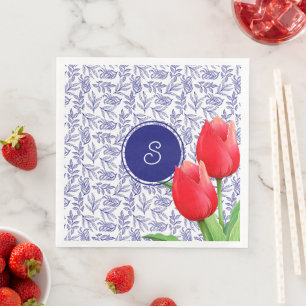 Elegant Red Tulips Spring Floral Blue Monogram Napkin
