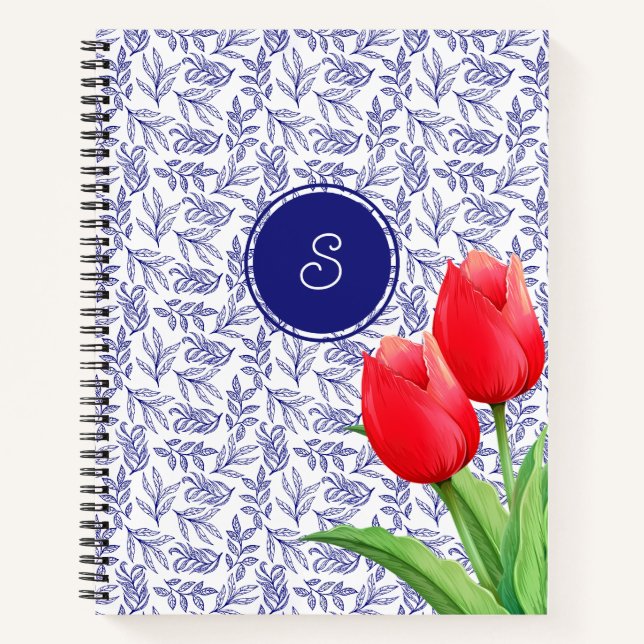 Elegant Red Tulips Spring Floral Blue Monogram Notebook (Front)