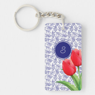 Elegant Red Tulips Spring Floral Blue Monogram Pla Key Ring