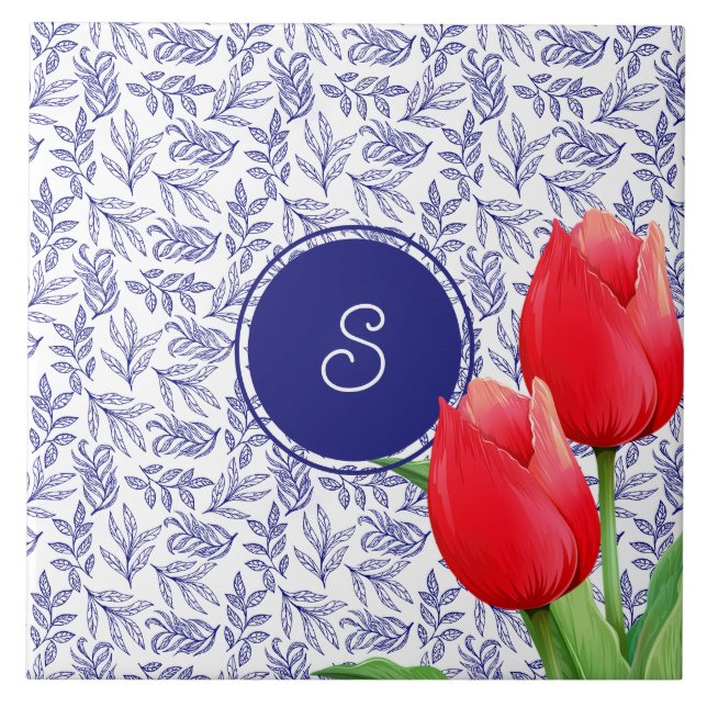 Elegant Red Tulips Spring Floral Blue Monogram Tile (Front)