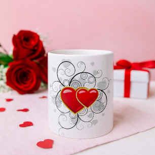Elegant Red Twin Hearts with Flourish Swirls Coffee Mug