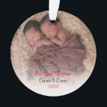 Elegant Red Twin Photo Baby First Christmas Ornament<br><div class="desc">Baby's first Christmas photo ornament for twins with a red text overlay that says "Our First Christmas". Use the template to add the names of your twins and the year of birth. Makes an excellent gift for Grandparents and other family members, or give this as a thoughtful gift to the...</div>