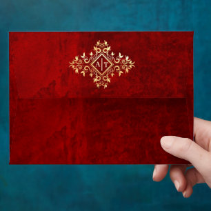 Elegant Red Velvet Envelope with Gold Monogram