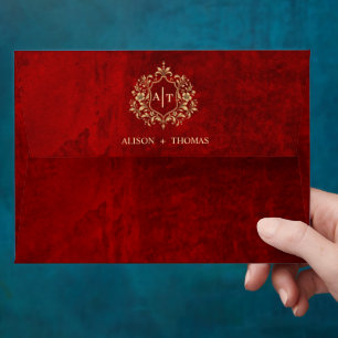 Elegant Red Velvet Envelope with Gold Monogram