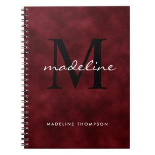 Elegant Red Velvet Script Black Monogram Notebook