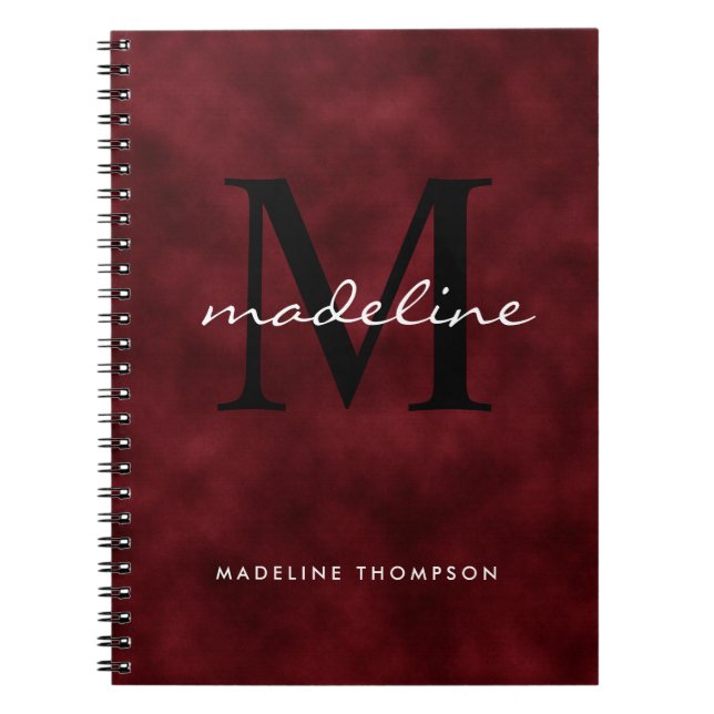 Elegant Red Velvet Script Black Monogram Notebook (Front)