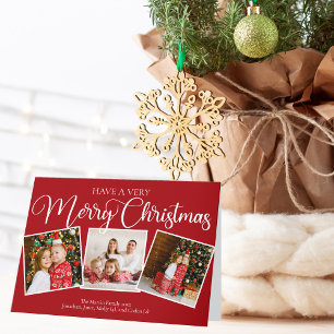 Elegant Red Very Merry Christmas 3 Photo Collage Holiday Card