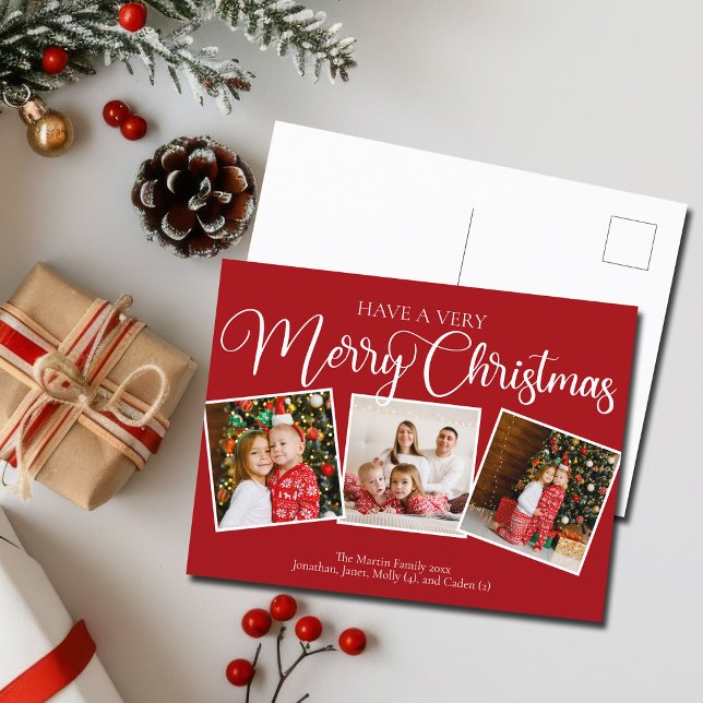 Elegant Red Very Merry Christmas 3 Photo Collage Holiday Postcard (Creator Uploaded)