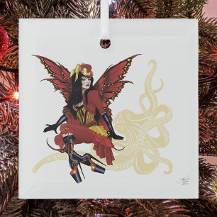 Elegant Red Victorian Steampunk Fairy Octopus Glass Tree Decoration