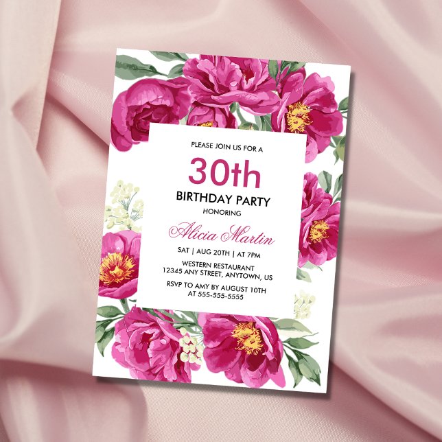 Elegant Red Violet Peony Greenery 30th Birthday  Invitation (Creator Uploaded)