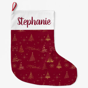 Elegant Red W/ Gold Christmas Tree Doodles  Large Christmas Stocking