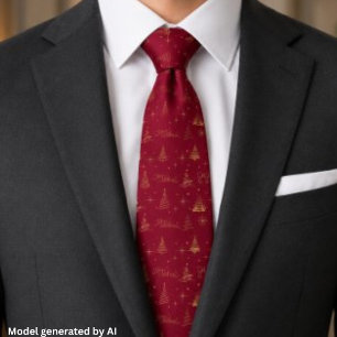 Elegant Red W/ Gold Christmas Tree Doodles Tie