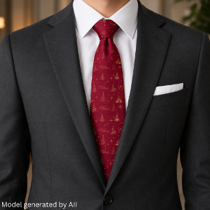 Elegant Red W/ Gold Christmas Tree Doodles Tie