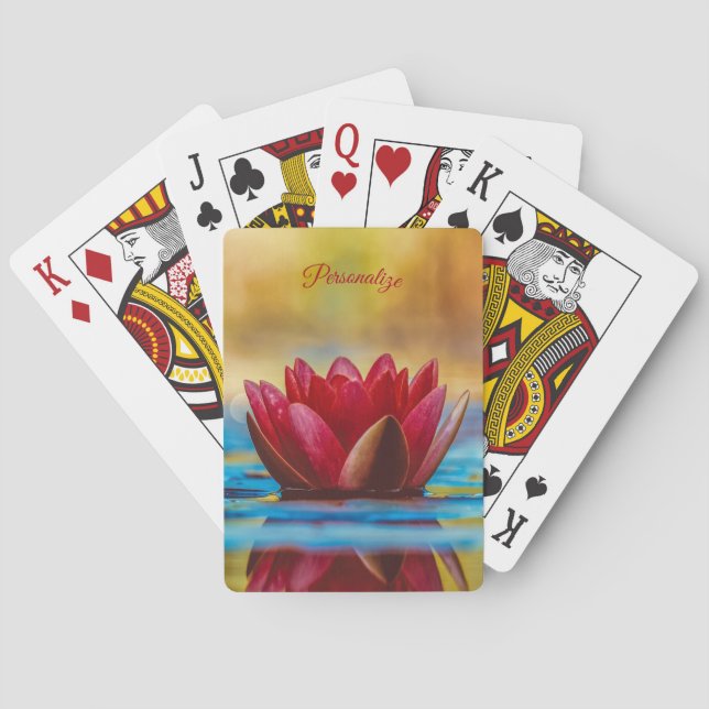 Elegant Red Water Lily Lotus Flower Personalised Playing Cards (Back)