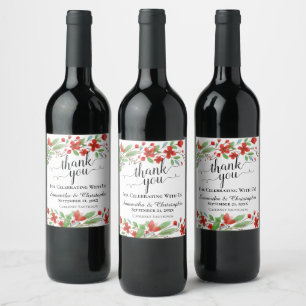 Elegant Red Watercolor Blossoms Thank You Wedding Wine Label