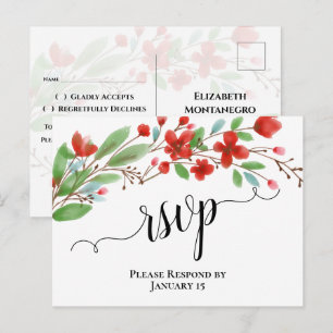 Elegant Red Watercolor Blossoms Wedding RSVP Postcard