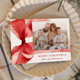 Elegant Red Watercolor Bow 2 Photo Holiday Card