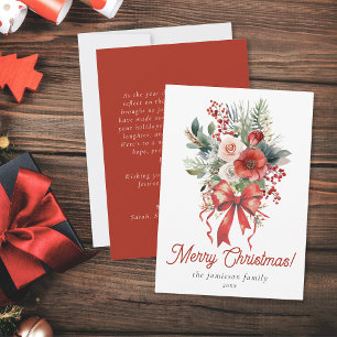 Elegant Red Watercolor Bow and Bouquet Christmas Holiday Card