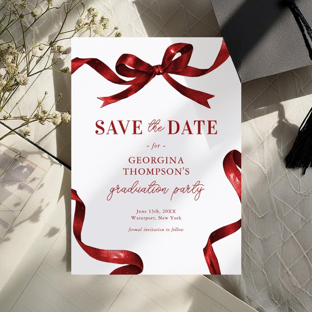 Elegant Red Watercolor Bow Graduation Save The Date (Creator Uploaded)